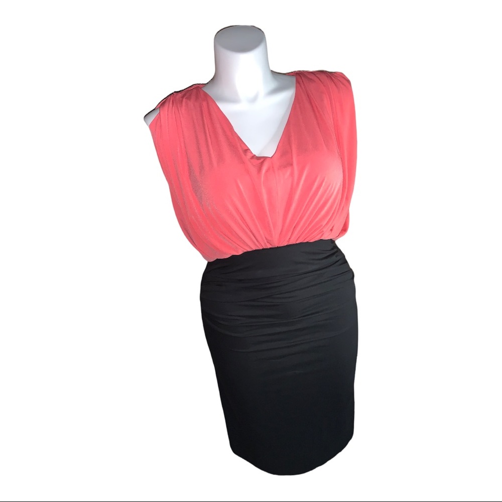 Maggy Boutique Dress 10 Coral Black Ruched Bodycon Sheath Sleeveless Cocktail